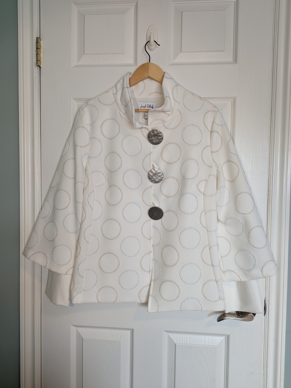 NWT Joseph Ribkoff White Circle-Print Bomber Jacket